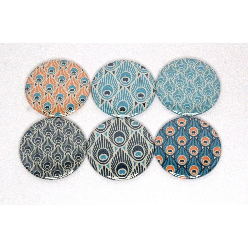 Set of 6 Refrigerator Locker Magnets 2.25"  - Peacock Feathers Yellow Collection